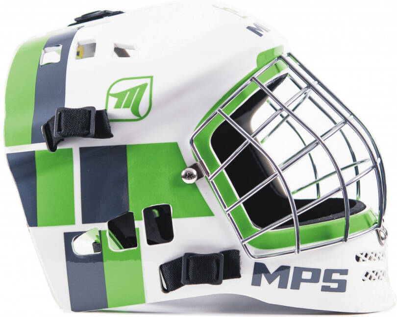 MPS goalie mask PRO White/Green helmet silver mesh