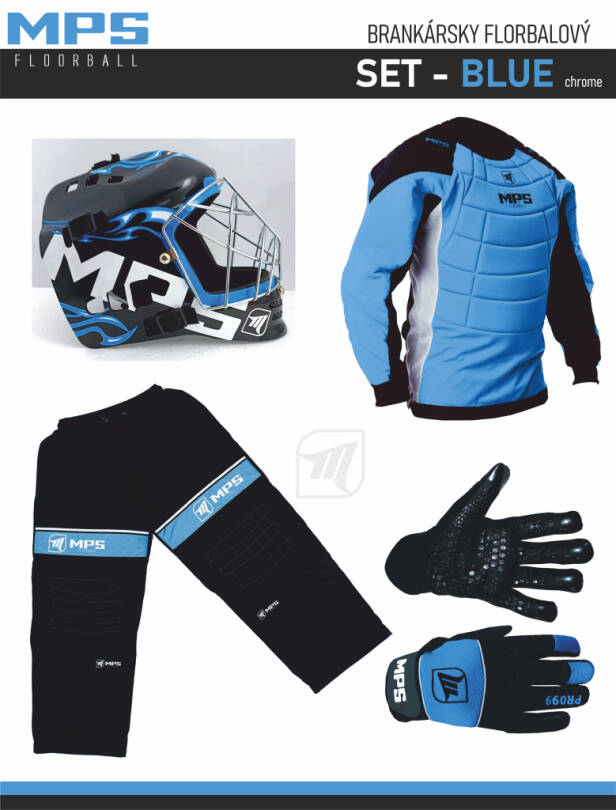 MPS Blue goalkeeper set + Pro Flame mask - Blue/Chrome + MPS floorball gloves