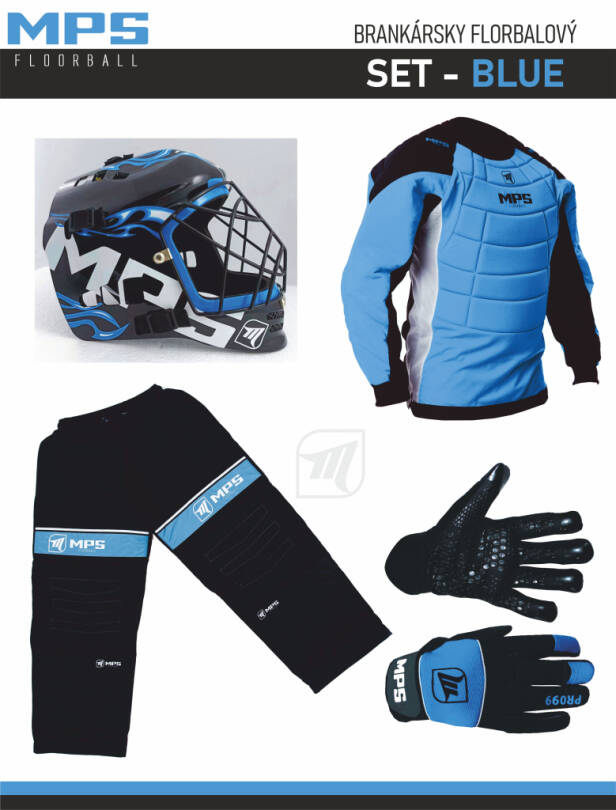 MPS Blue goalkeeper set + Pro Flame mask - Black/Blue + MPS floorball gloves