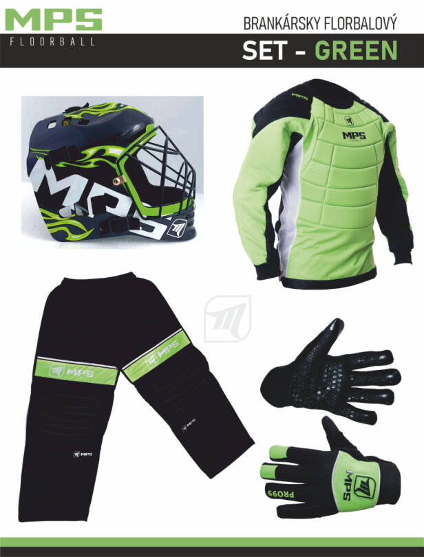 MPS Green goalkeeper set + Pro Flame mask - Black/Green + MPS floorball gloves
