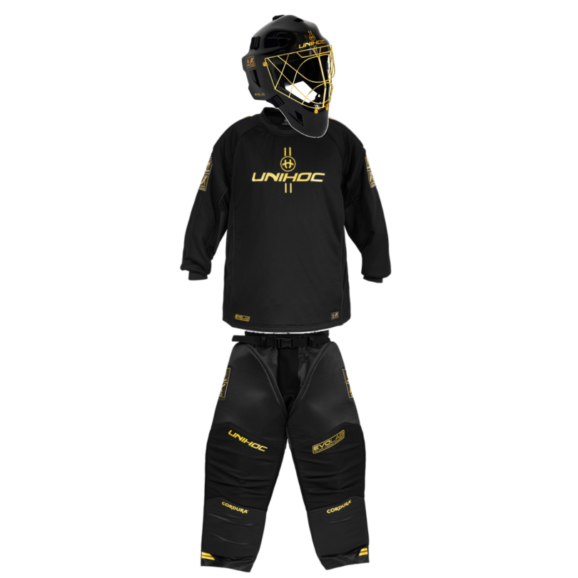 Unihoc Goalkeeper SET Alpha Evolab Black/gold + mask Unihoc Alpha Prime Evolab Gold