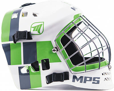 MPS goalie mask PRO White/Green helmet silver mesh
