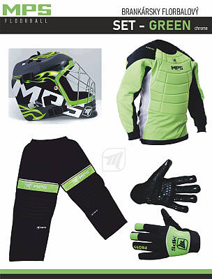 MPS Green goalkeeper set + Pro Flame mask - Green/Chrome + MPS floorball gloves