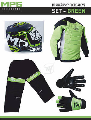 MPS Green goalkeeper set + Pro Flame mask - Black/Green + MPS floorball gloves