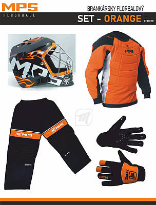 MPS Orange goalkeeper set + Pro Flame mask - Orange/Chrome + MPS floorball gloves