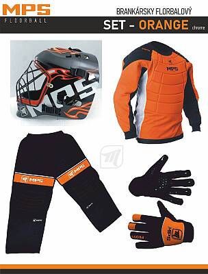 MPS Orange goalkeeper set + Pro Flame mask - Black/Orange + MPS floorball gloves