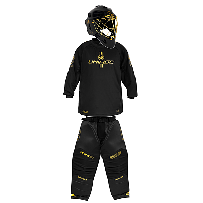Unihoc Goalkeeper SET Alpha Evolab Black/gold + mask Unihoc Alpha Prime Evolab Gold