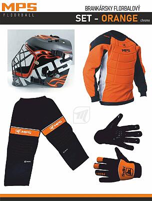 MPS Orange goalkeeper set + Pro Flame mask - Black/Orange + MPS floorball gloves